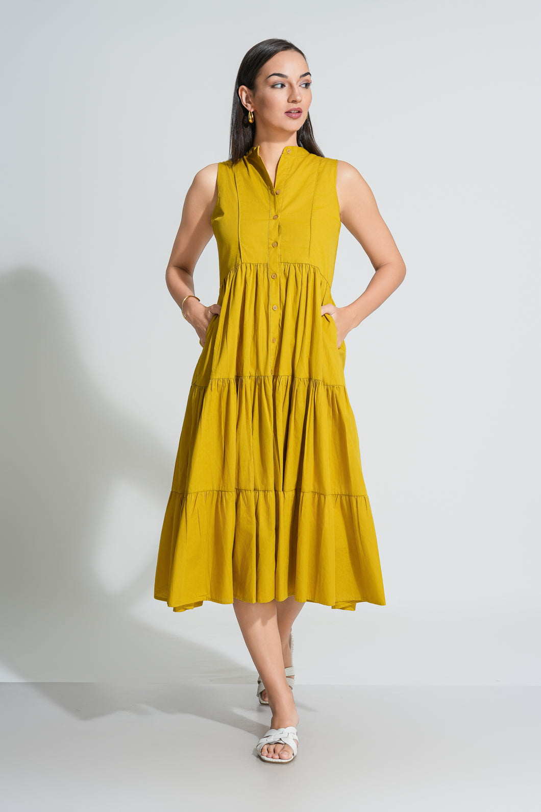 Flow Tiered Midi Dress - Mustard