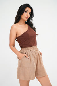 Daniella Rib One-Shoulder Top - Walnut