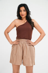 Daniella Rib One-Shoulder Top - Walnut