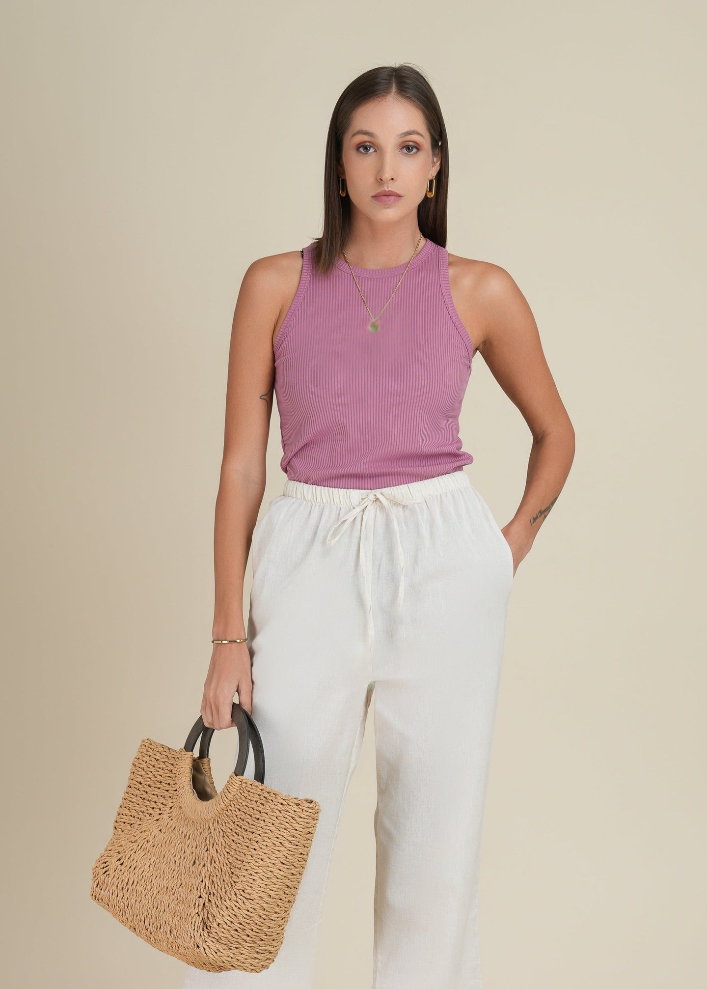 Rib High Neck Tank Top - Pink