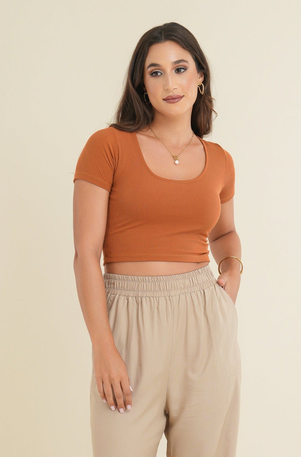 Jenny Rib Scoop Neck Crop Top - Copper