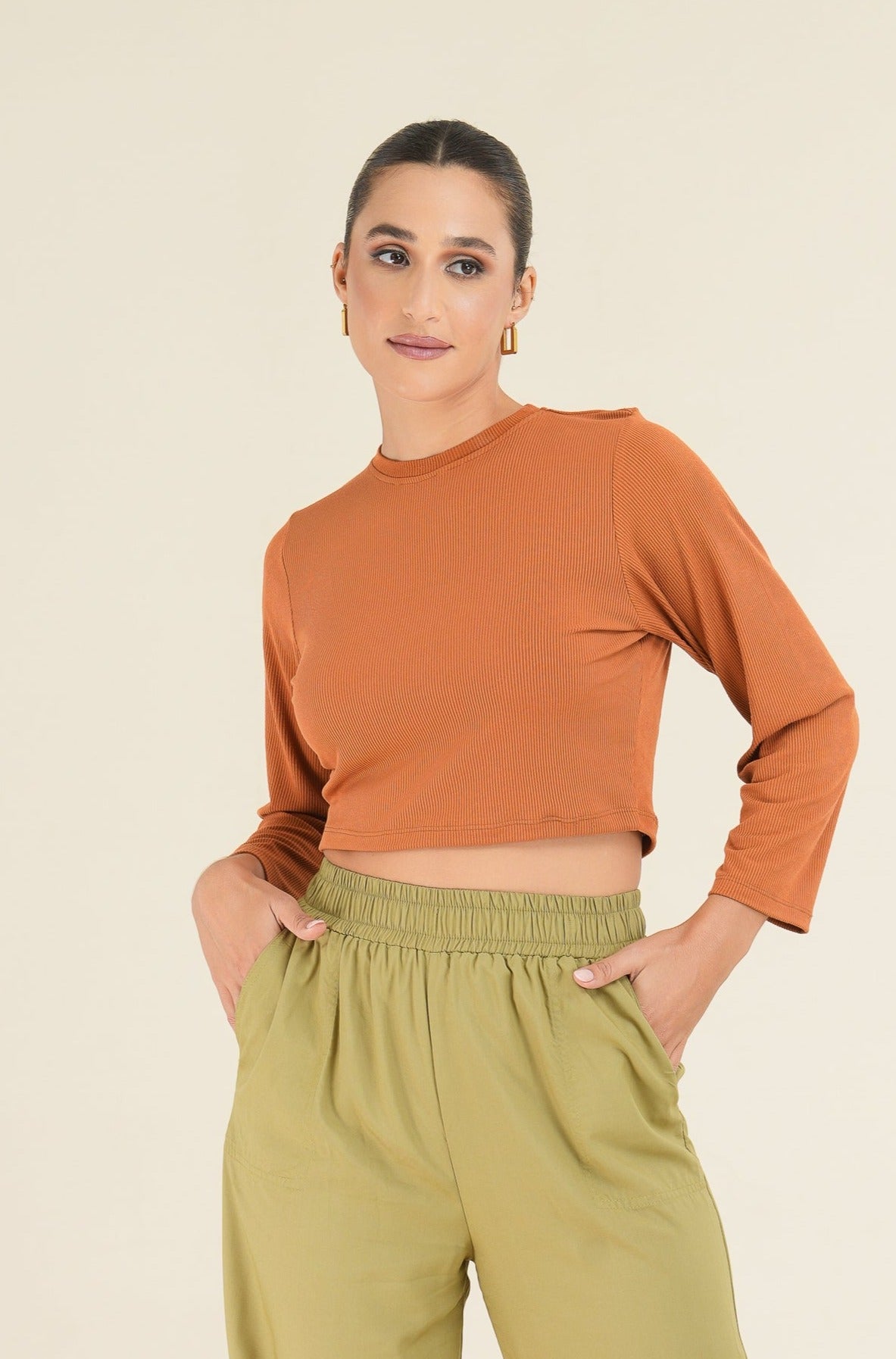 Rib Crew Pullover Top - Copper