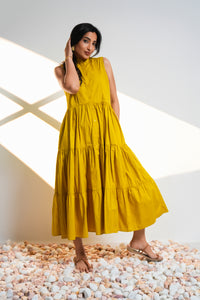 Flow Tiered Midi Dress - Mustard