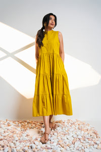 Flow Tiered Midi Dress - Mustard