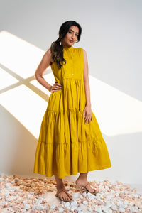 Flow Tiered Midi Dress - Mustard