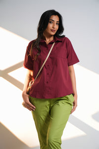 Oversized Short Sleeve Shirt - Wine
