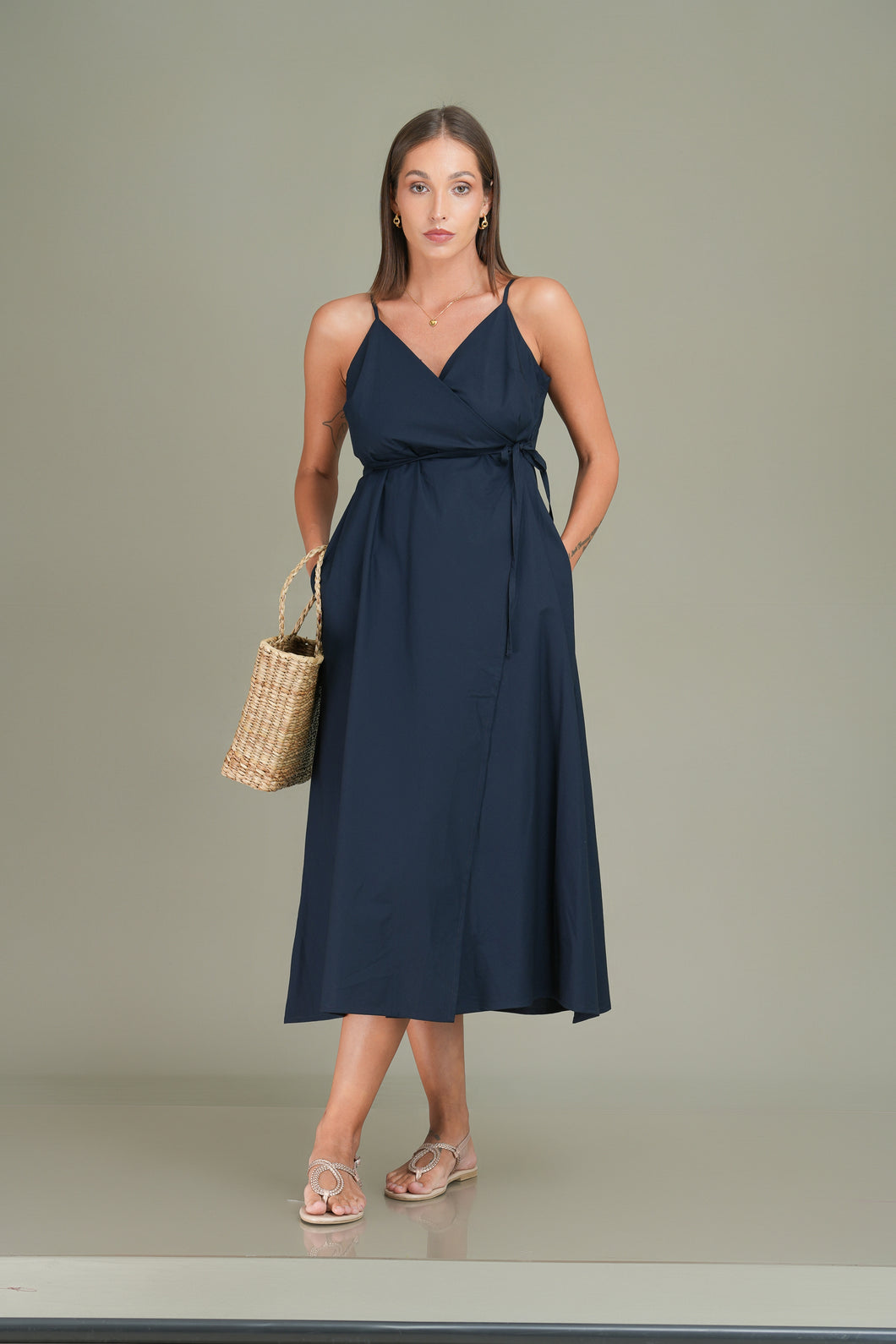 Crossover Midi Dress- Navy