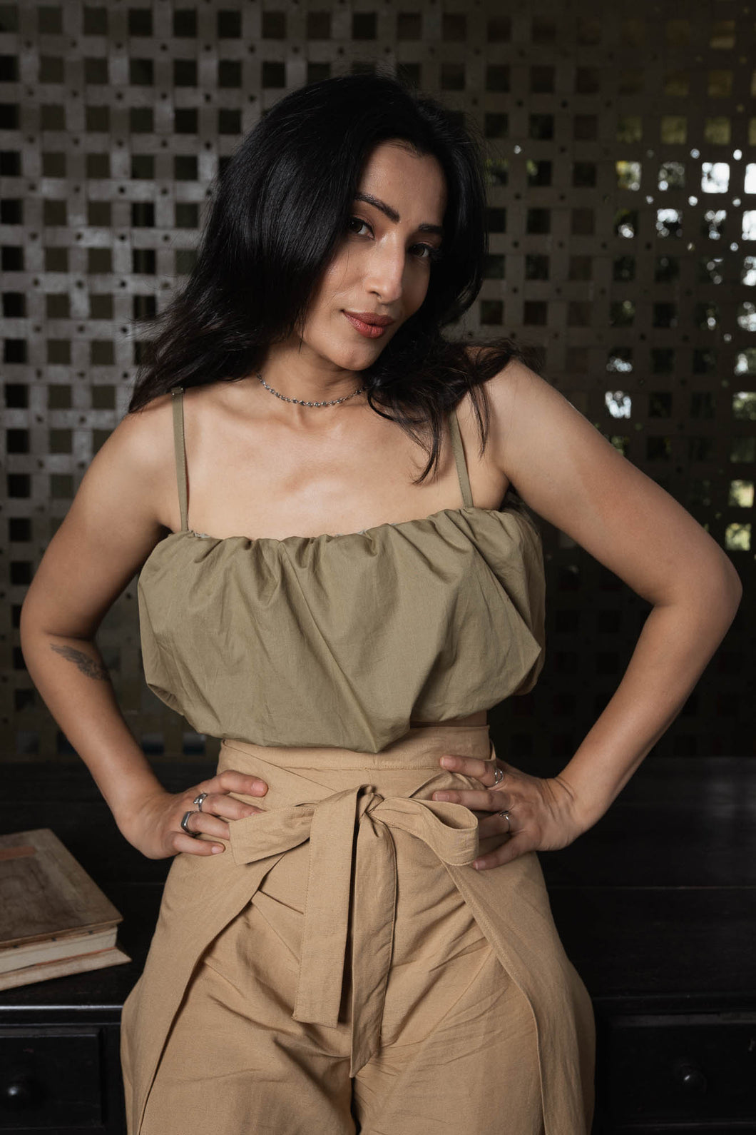 Palm Bubble Crop Top - Olive
