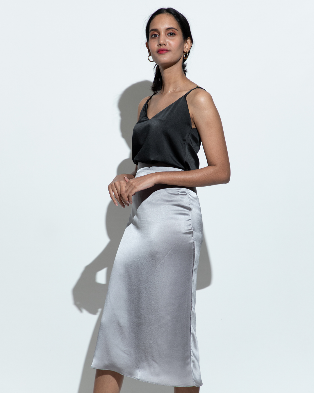 Satin Midi Skirt - Grey