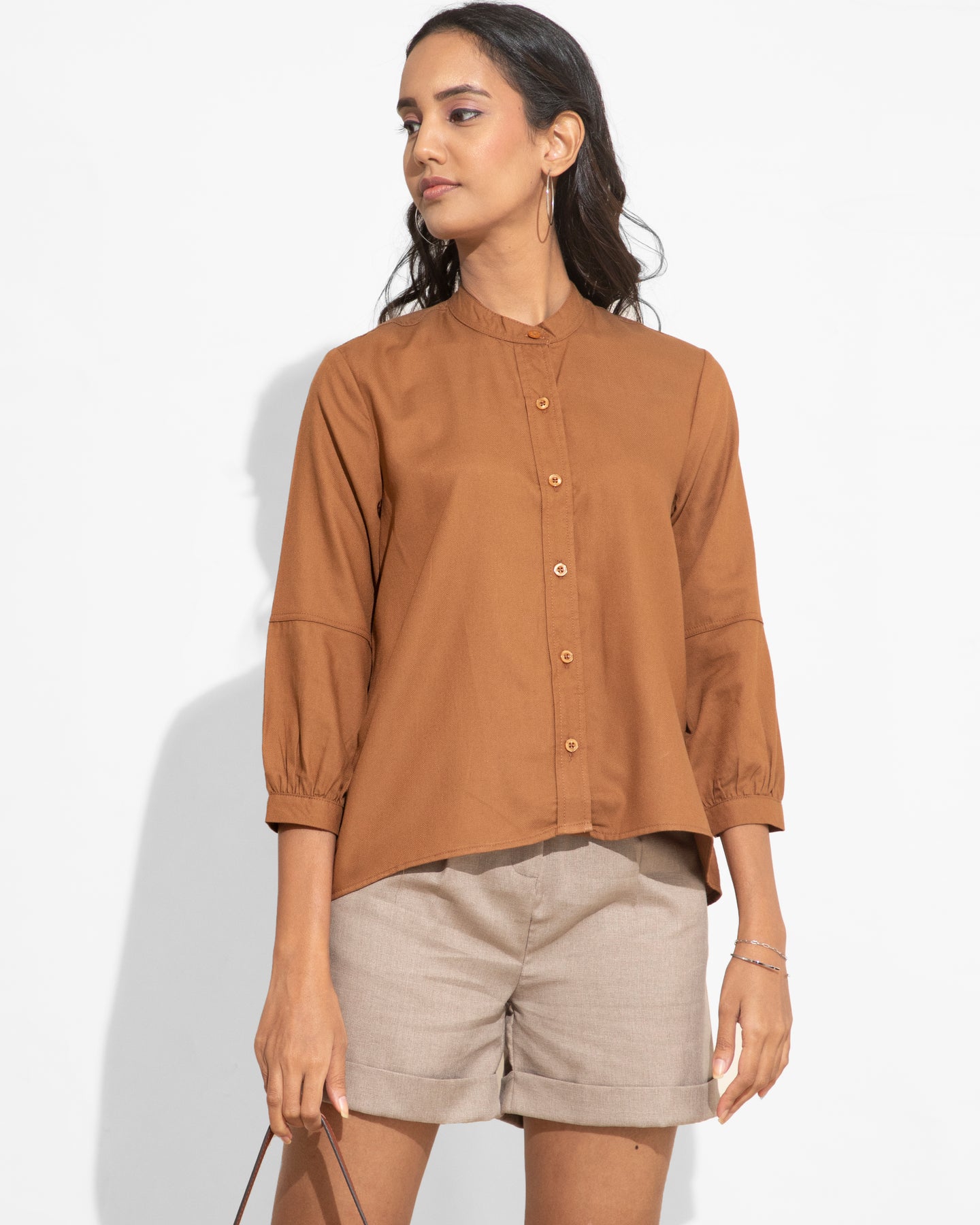 Collarless Flow Shirt - Caramel