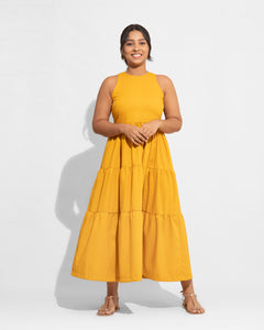 High Neck Signature Tiered Dress - Mustard