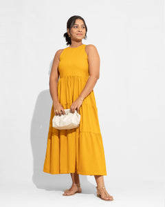 High Neck Signature Tiered Dress - Mustard