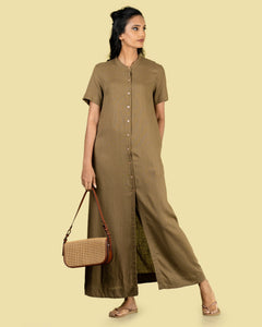 Summer Collarless Shirt Dress - Olive