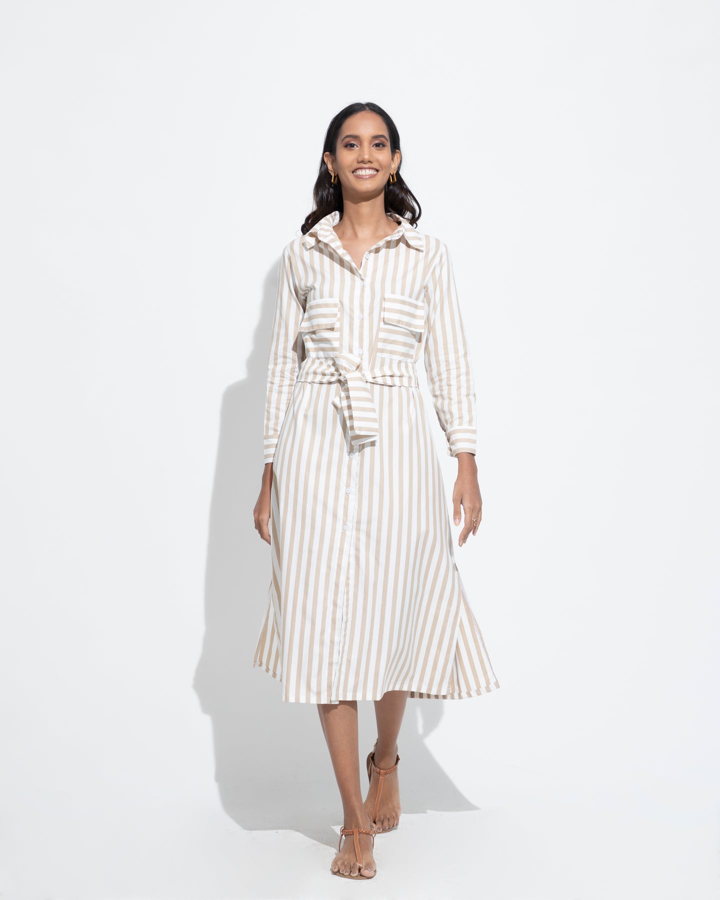 Cotton Midi Stripe Dress - Nude