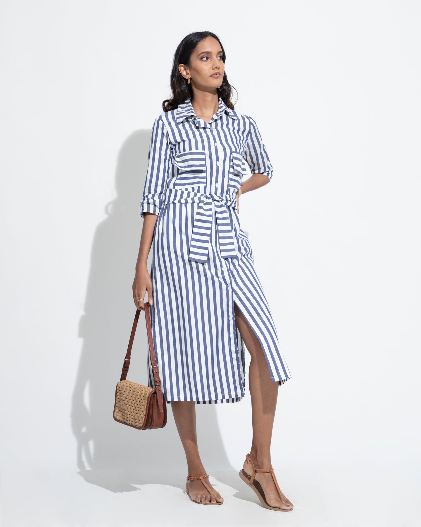 Cotton Midi Stripe Dress - Blue