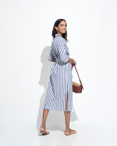 Cotton Midi Stripe Dress - Blue