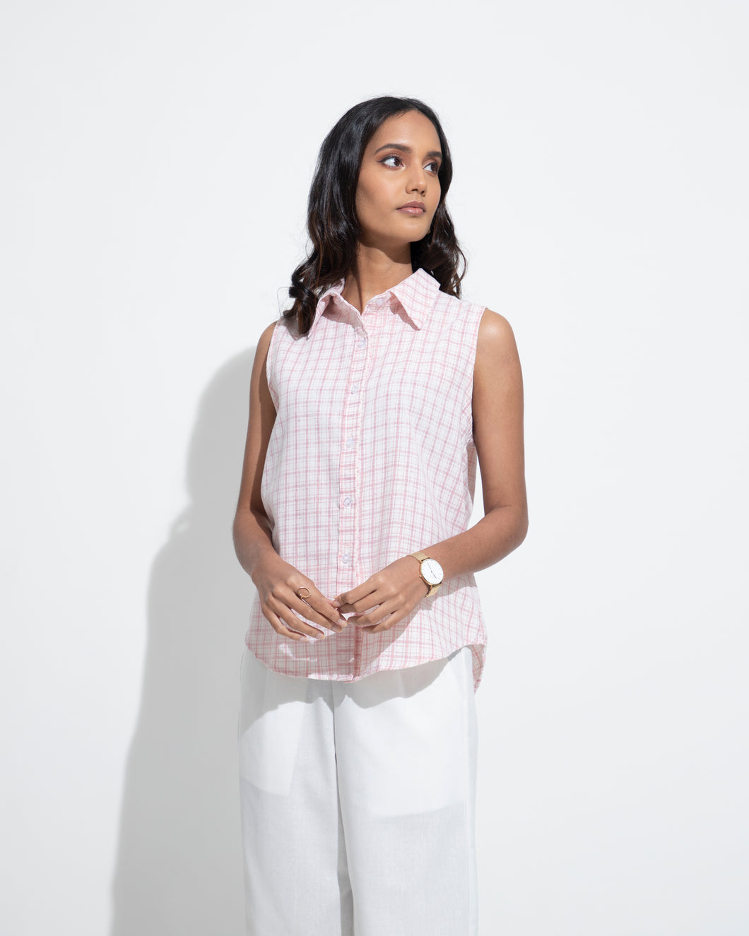 Sleeveless Plaid Shirt - Pink