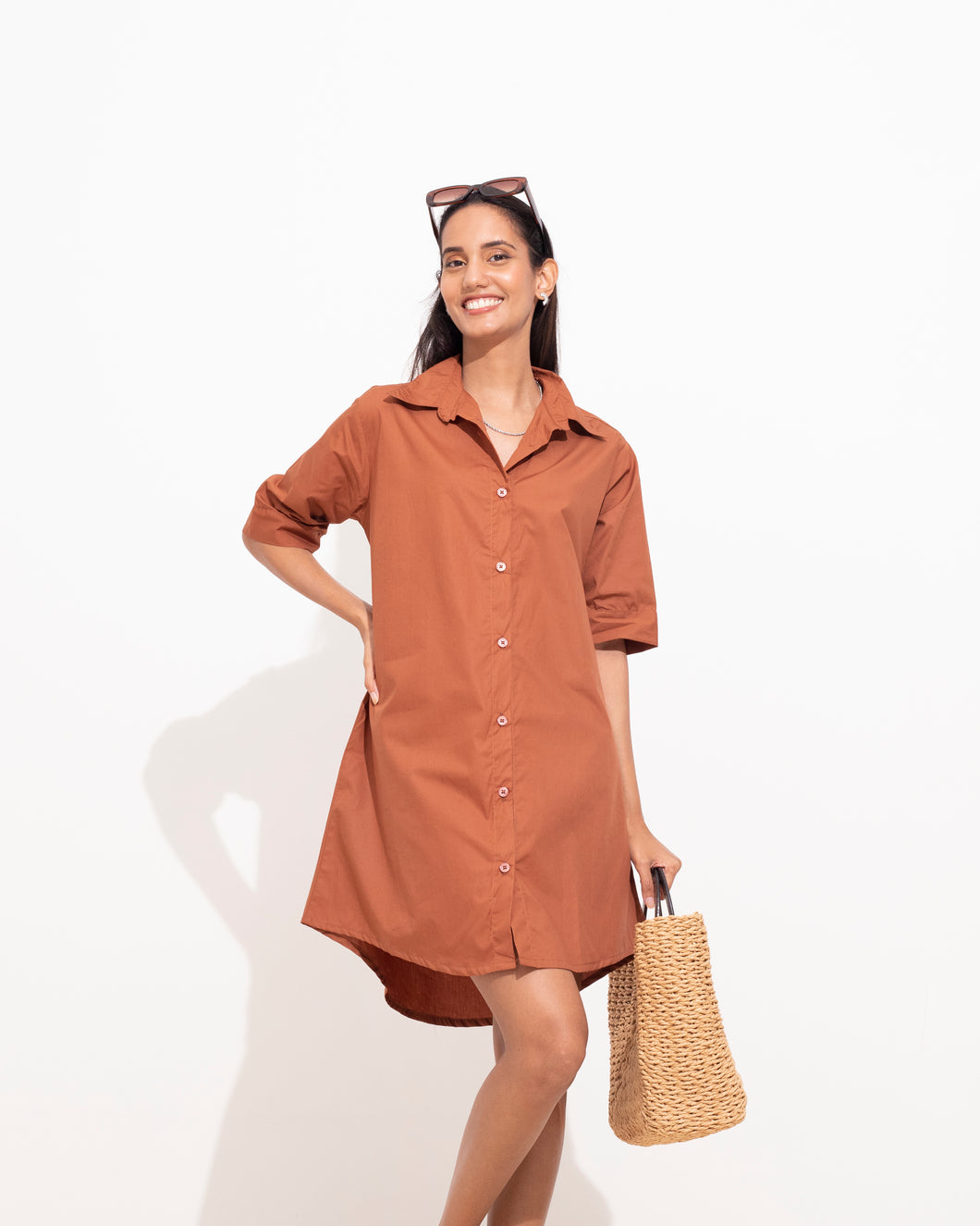 Oversized Short Sleeved Shirt Dress - Walnut