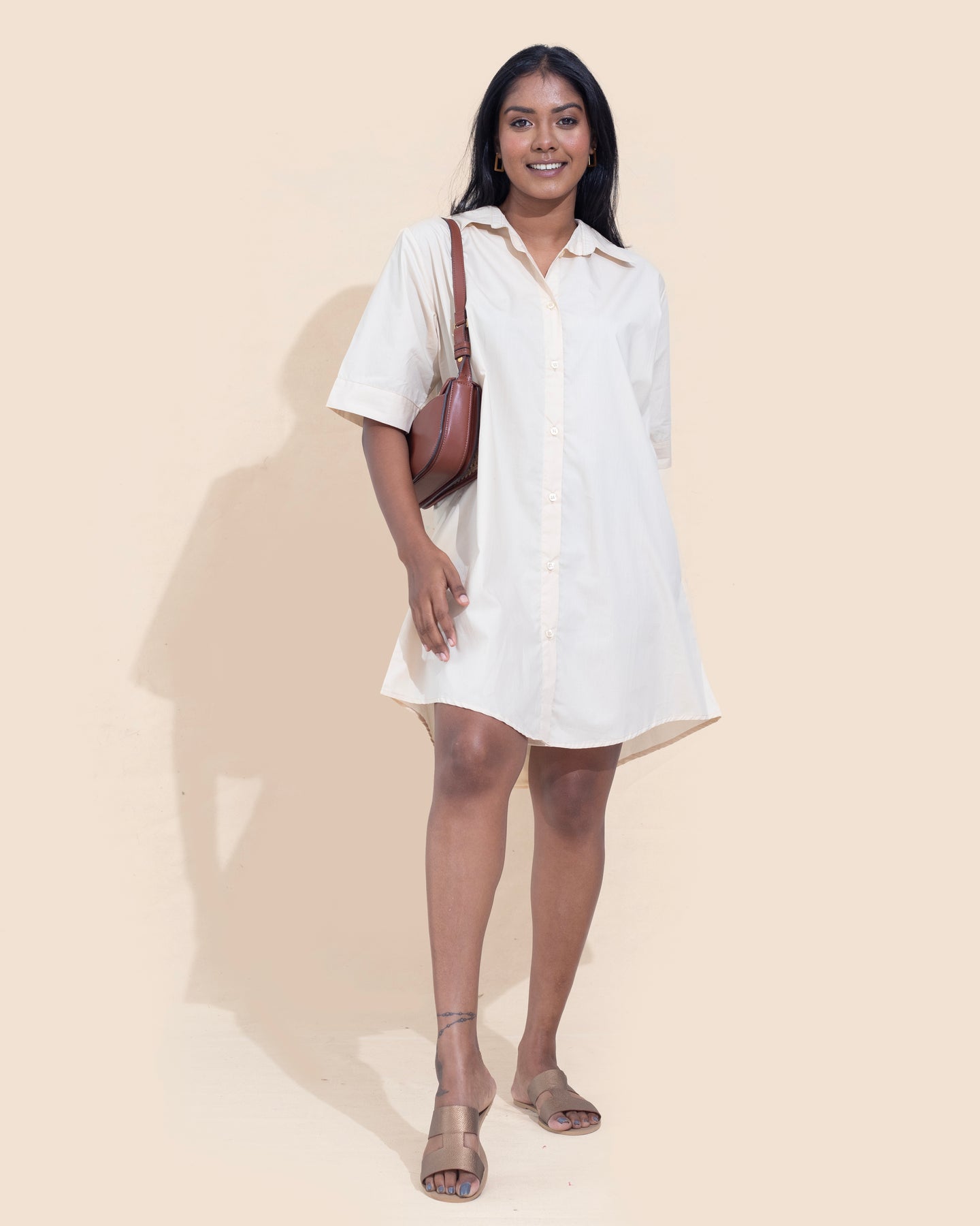 Oversized Short Sleeved Shirt Dress - Cream