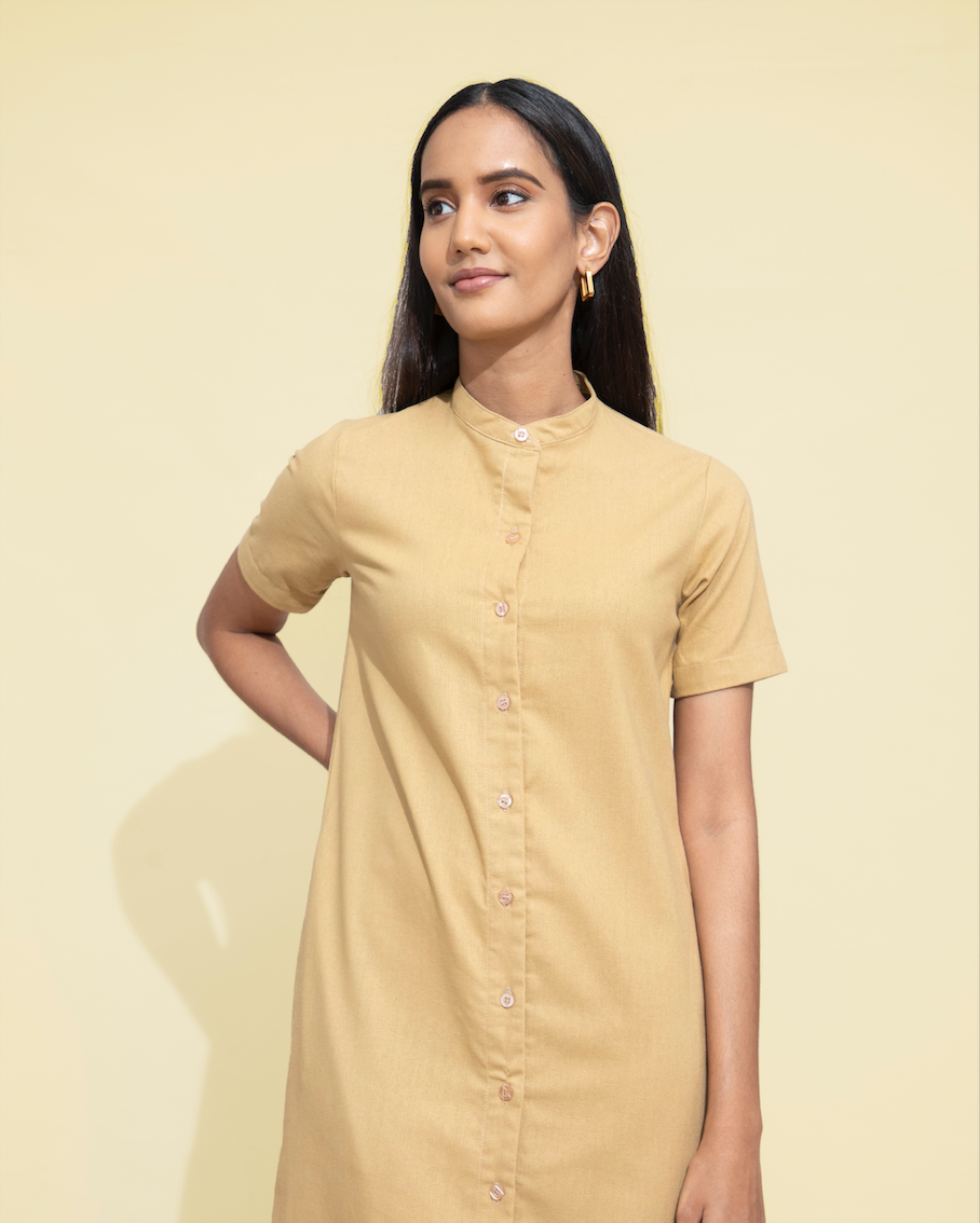 Summer Collarless Shirt Dress - Sand